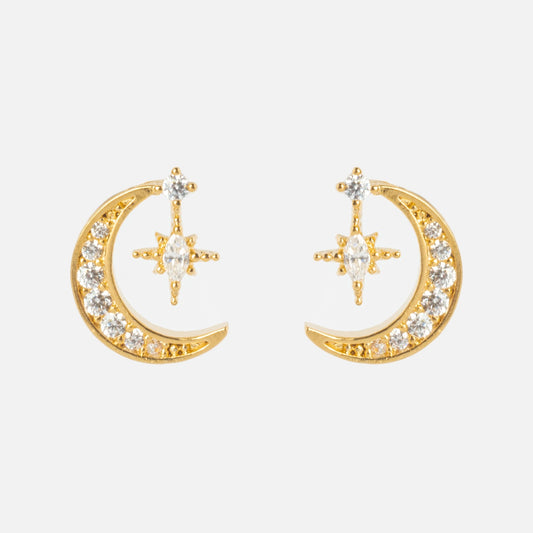 The Stargazer Moon Earrings Sample feature crescent moons with CZ gemstones, a star design with a central stone, sterling silver posts, and 18k yellow gold plating, shown on a white background.