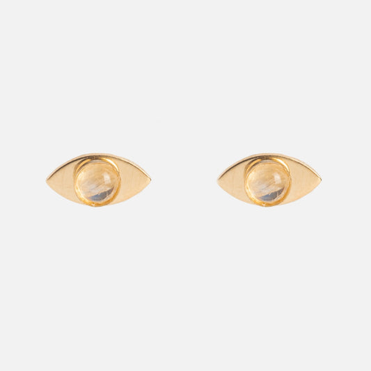 The Eye Studs Sample features handmade gold-filled, eye-shaped stud earrings with a round, translucent rainbow moonstone at the center of each, beautifully displayed on a plain white background.