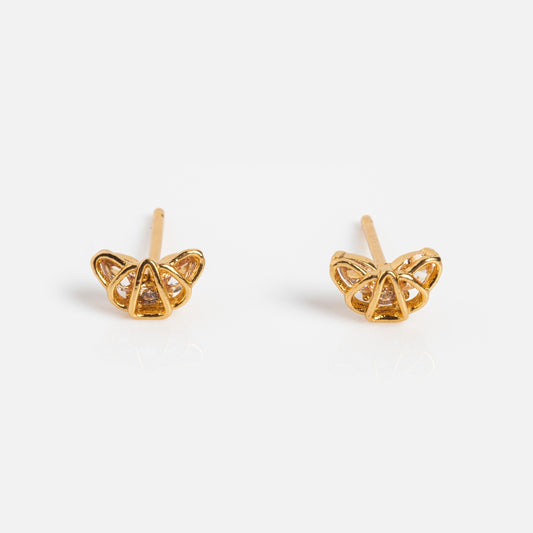 Croissant Studs Samples: gold stud earrings with delicate detailing and small clear cubic zirconia gemstones, featuring sterling silver posts, displayed on a plain white background.