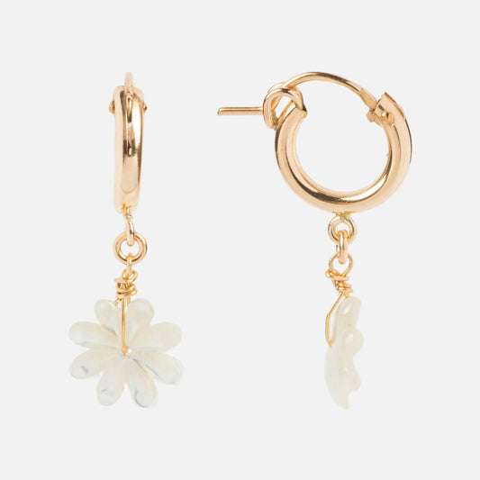 Mother of Pearl Flower Hoops Sample: Gold filled hoop earrings with handmade, translucent mother of pearl flower-shaped charms, shown on a plain white background.