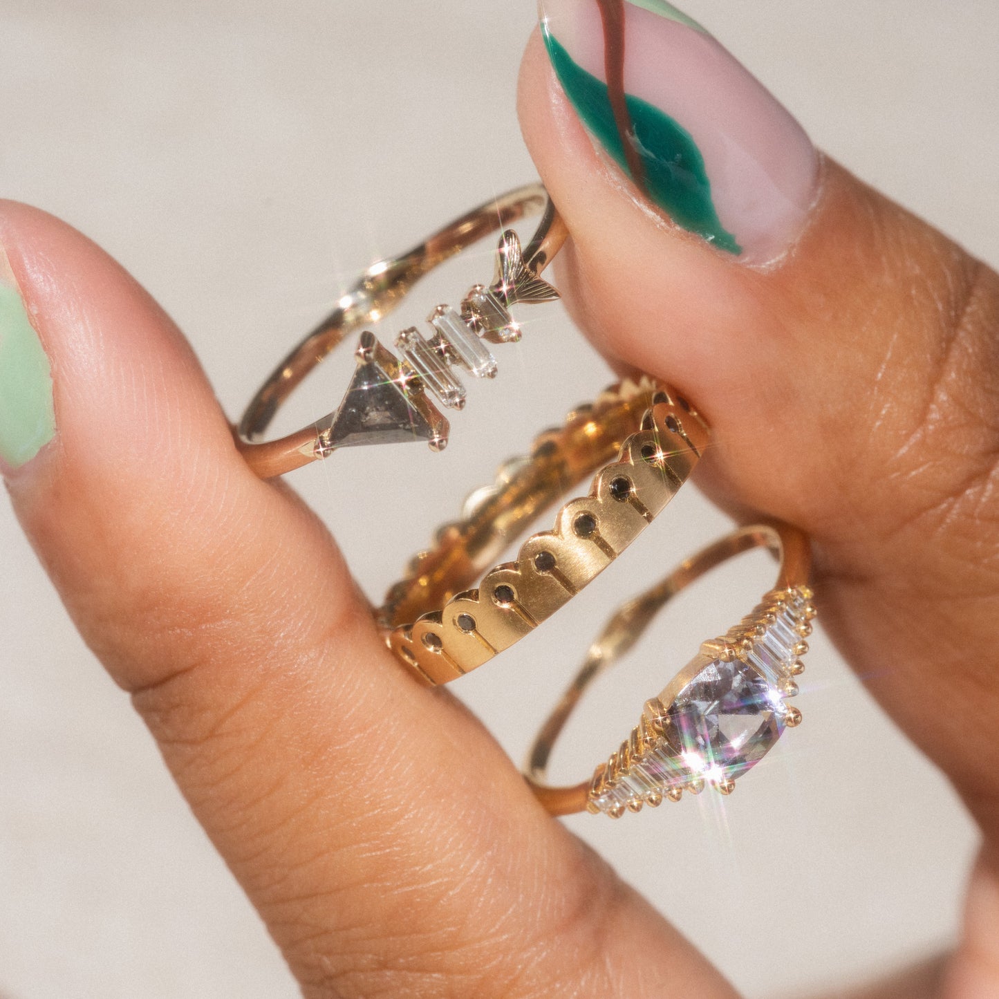 Gold Fish Bone Ring with Triangle and Baguette Cut Diamond