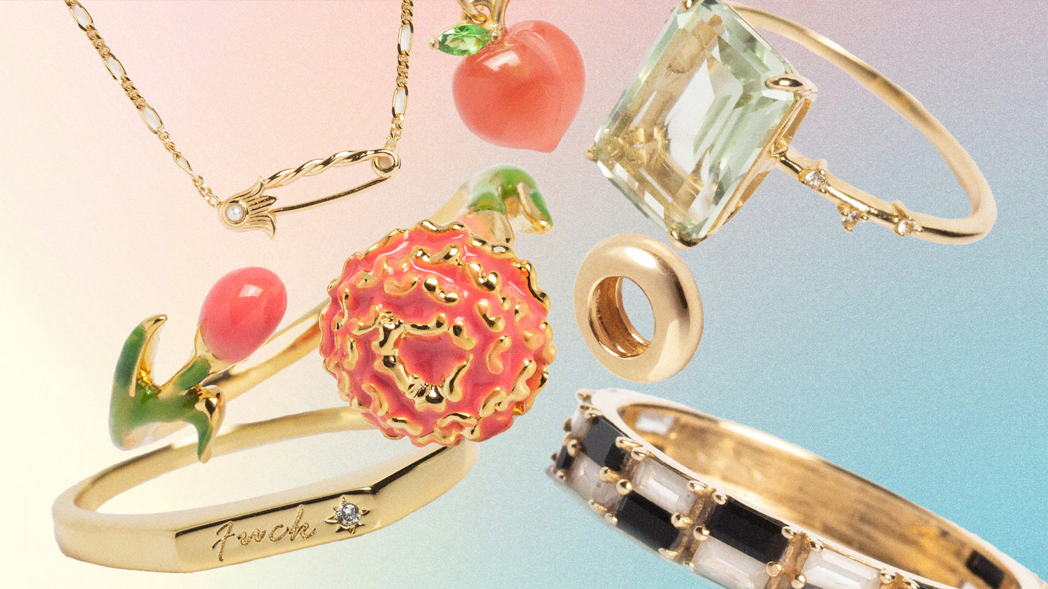 Gold jewelry with colorful stones and accents on a gradient background