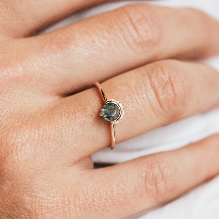 9kt Rose Gold Diamond and Moss Agate Celestial Sky Ring