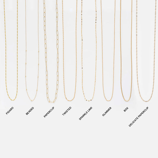 Eight Solid Gold Chain for Charms are shown vertically on a white background, labeled Figaro, Beaded, Paperclip, Twisted, Sparkle Link, Glimmer, Box, and Delicate Paperclip—perfect for layering or personalizing your necklace.