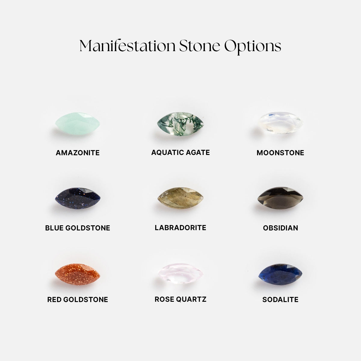 Manifestation gemstones with labels on a white background
