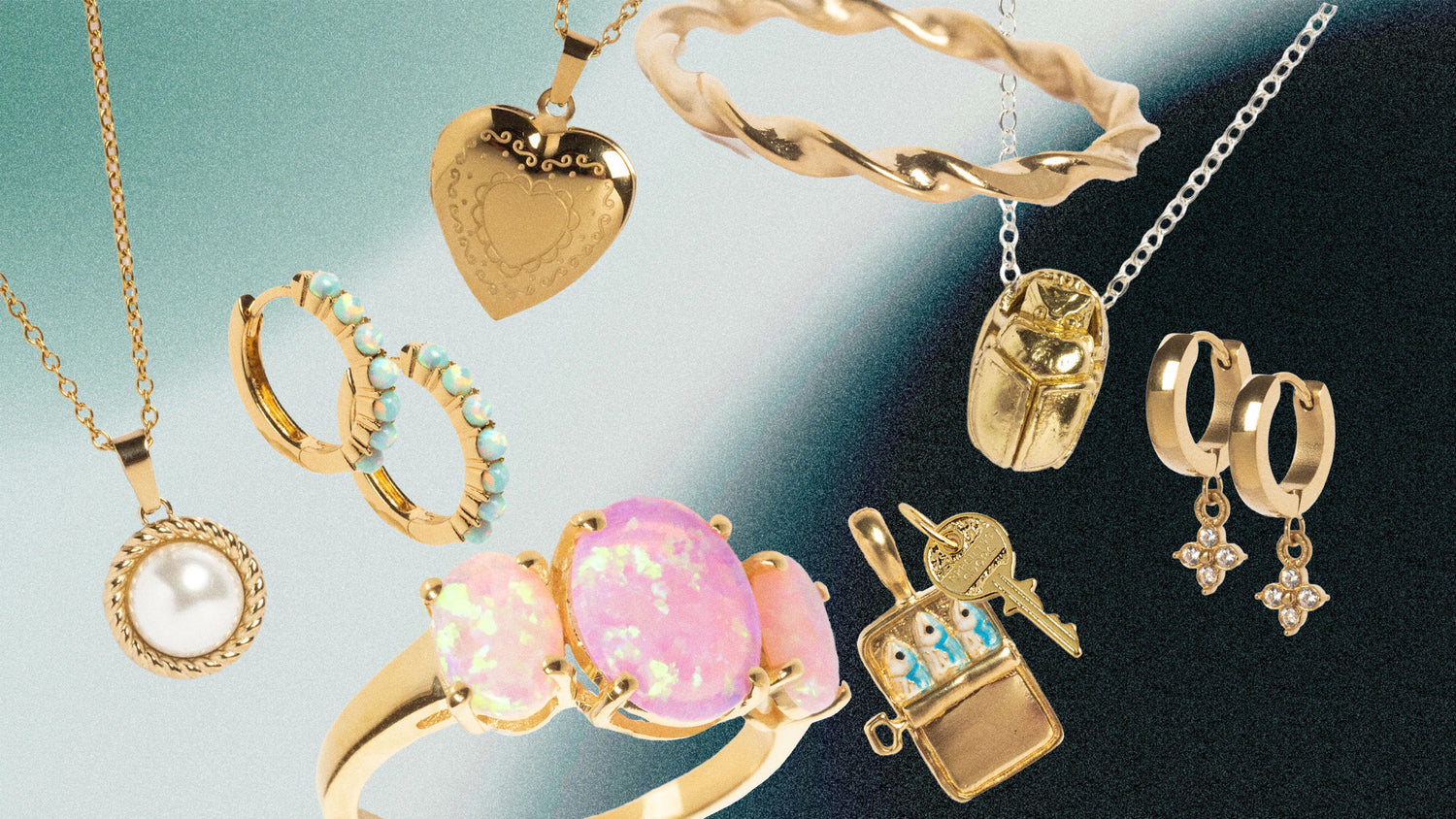 Collection of gold jewelry including rings, necklaces, and earrings on a gradient background.