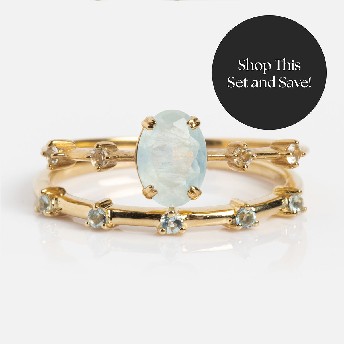 Solid Gold 2025 March Capsule Aquamarine Ring Set with Free Gift