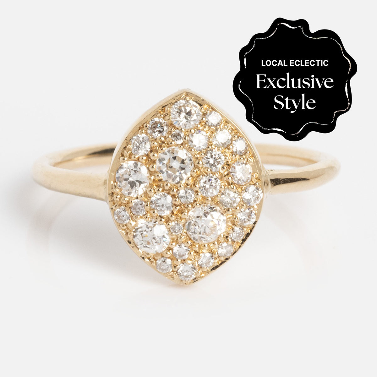 The "My Beloved" Soul Ring features a marquise-shaped gold setting adorned with multiple brilliant-cut gemstones, displayed on a white background. A corner badge reads “Local Eclectic Exclusive Style.”.