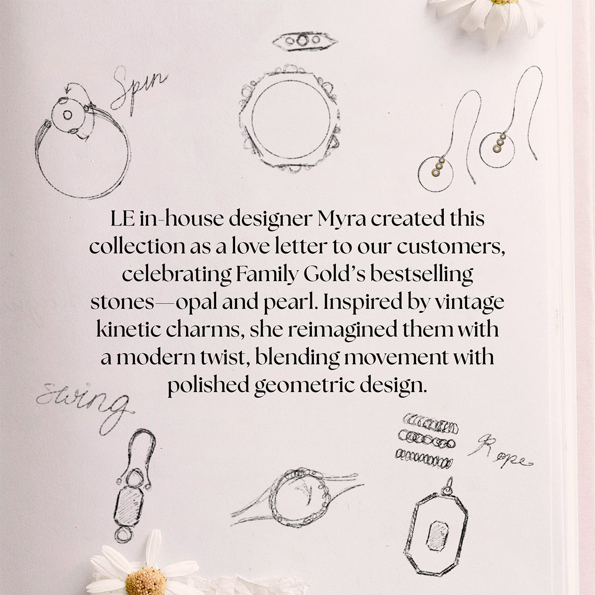 Hand-drawn sketches of solid gold earrings and charms surround the Solid Gold Morganite and Pearl Droplet Earrings collection, inspired by vintage designs. Delicate daisies and pearls add an elegant touch to the page.