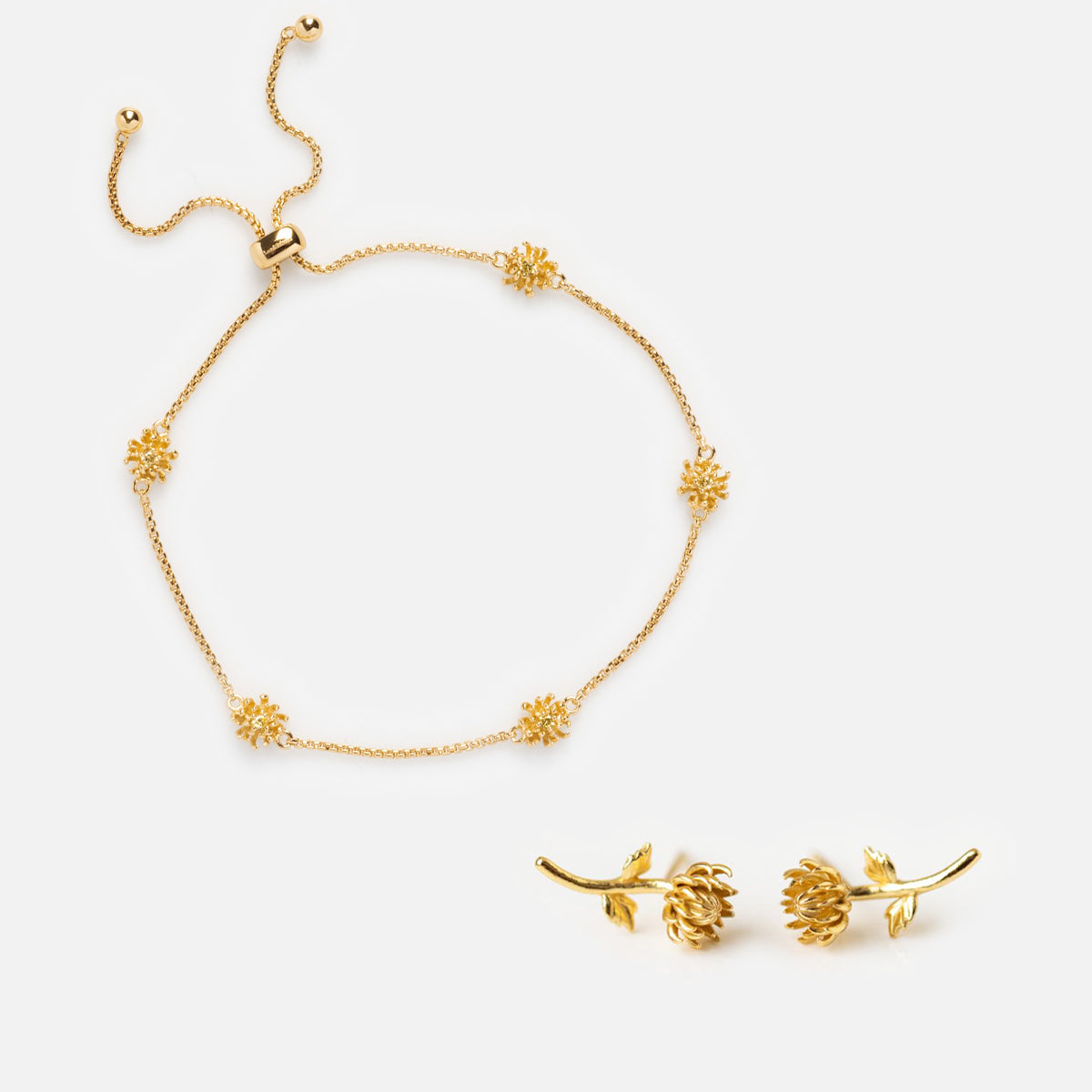 The Birth Flower Gift Set features a delicate gold bracelet with flower charms and an adjustable clasp, displayed beside a gold ring with two flower buds and leaves, both showcased on a white background.