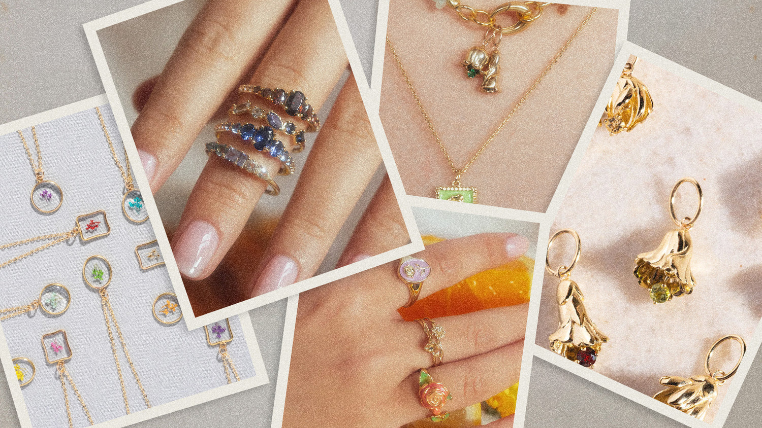 A collage of close up images of gold jewelry including rings, necklaces and charms