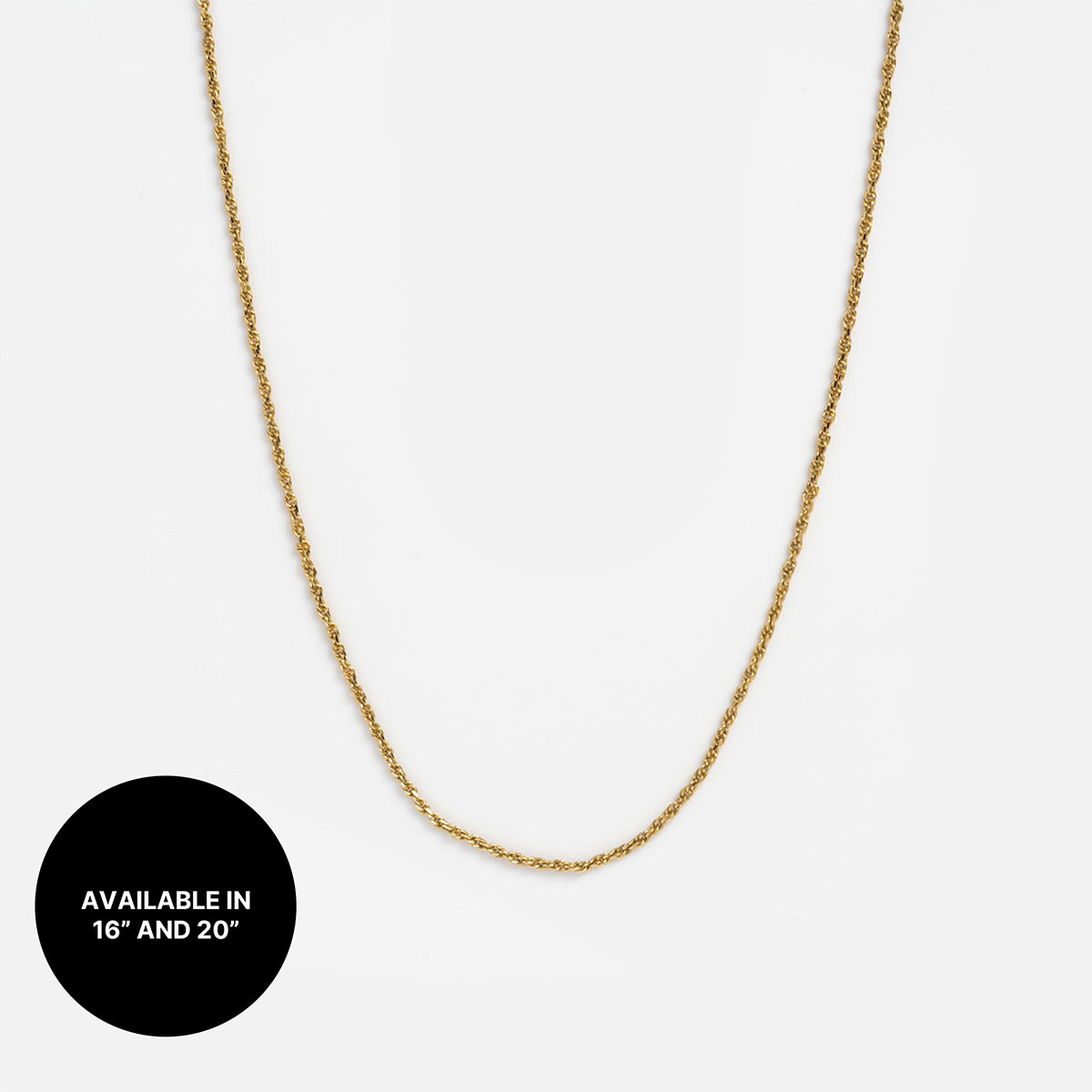 The Chain For Charms, a thin gold plated necklace chain, is shown on a white background. A black circle notes it's available in 16" and 20". Ideal for layering with your favorite necklaces or wearing as a subtle charm piece.