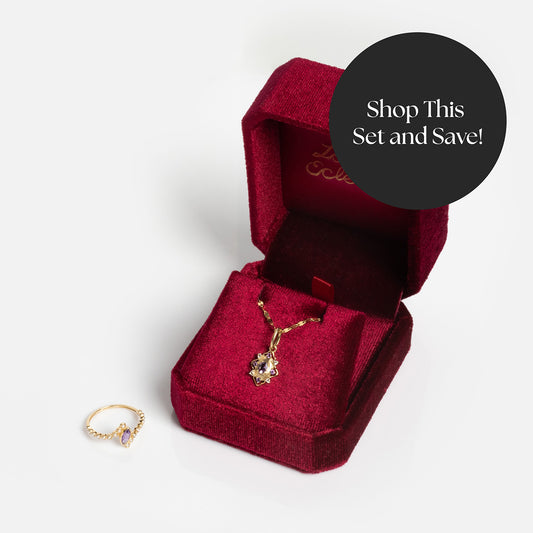 The Solid Gold 2026 February Amethyst Capsule Set features a gold necklace with a purple gemstone pendant and a matching gold ring, beautifully packaged. A black circle reads: Shop This Set and Save! Plus, receive a free gift.