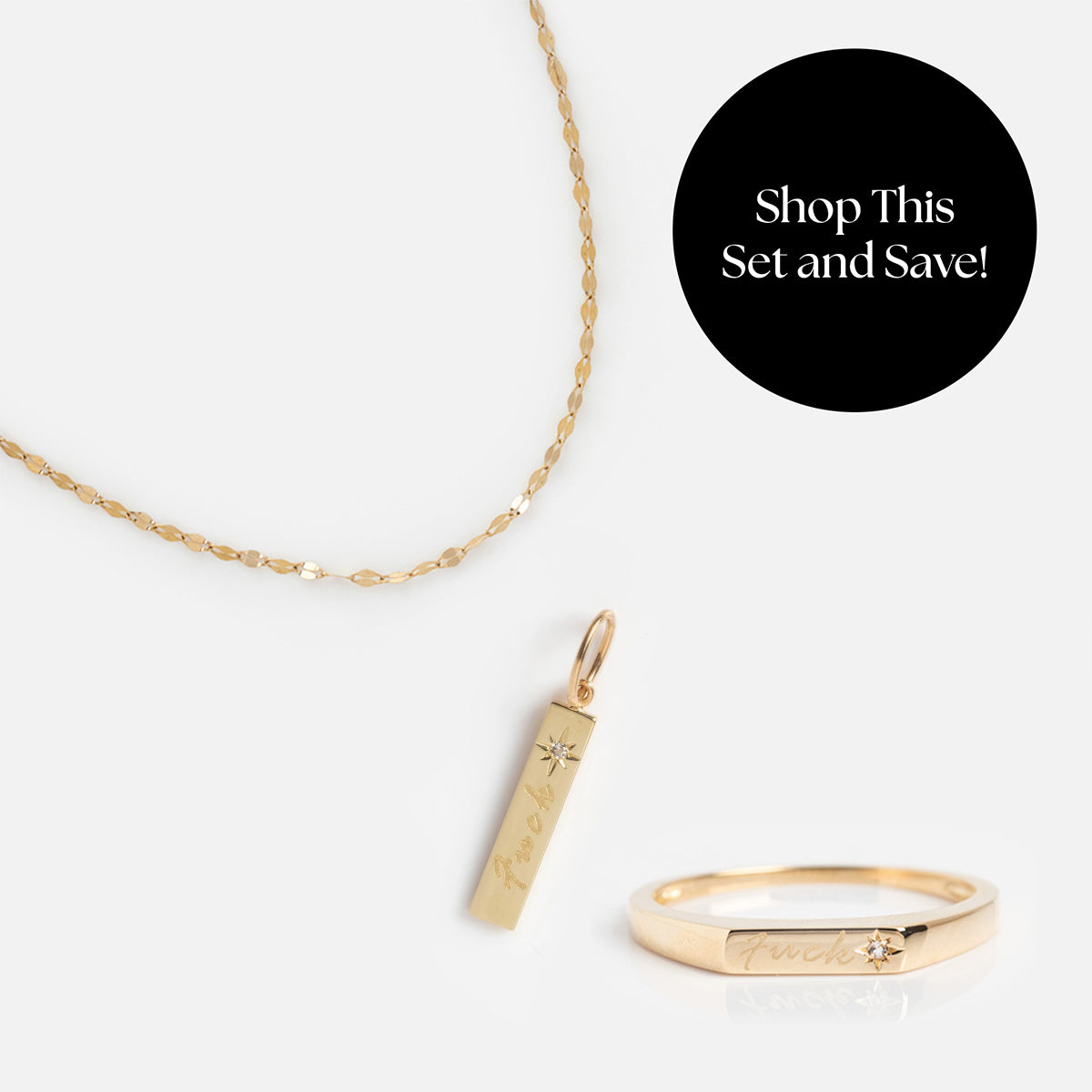 Solid Gold Tiny Fuck Gift Set: Gold necklace with a rectangular “Luck” & star pendant, plus matching gold ring. Elevate your style with solid gold jewelry. Black circle text: “Shop This Set and Save!” on white background.