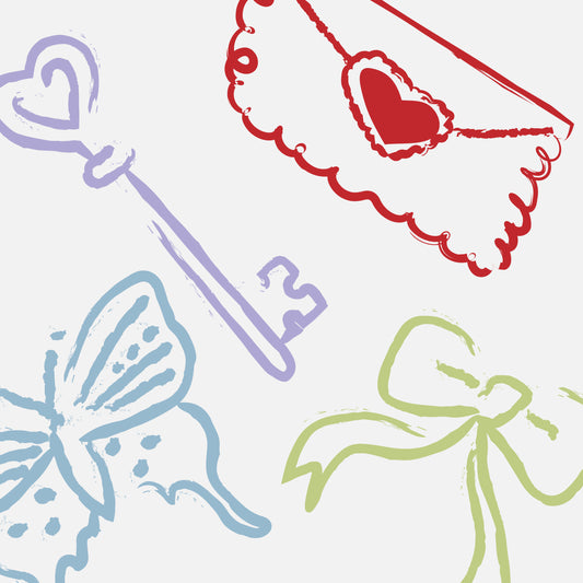 A pastel sketch displays a purple heart-shaped key, red envelope with heart seal, blue butterfly, and green bow on white, promoting Free Exchanges & Returns + Package Protection.