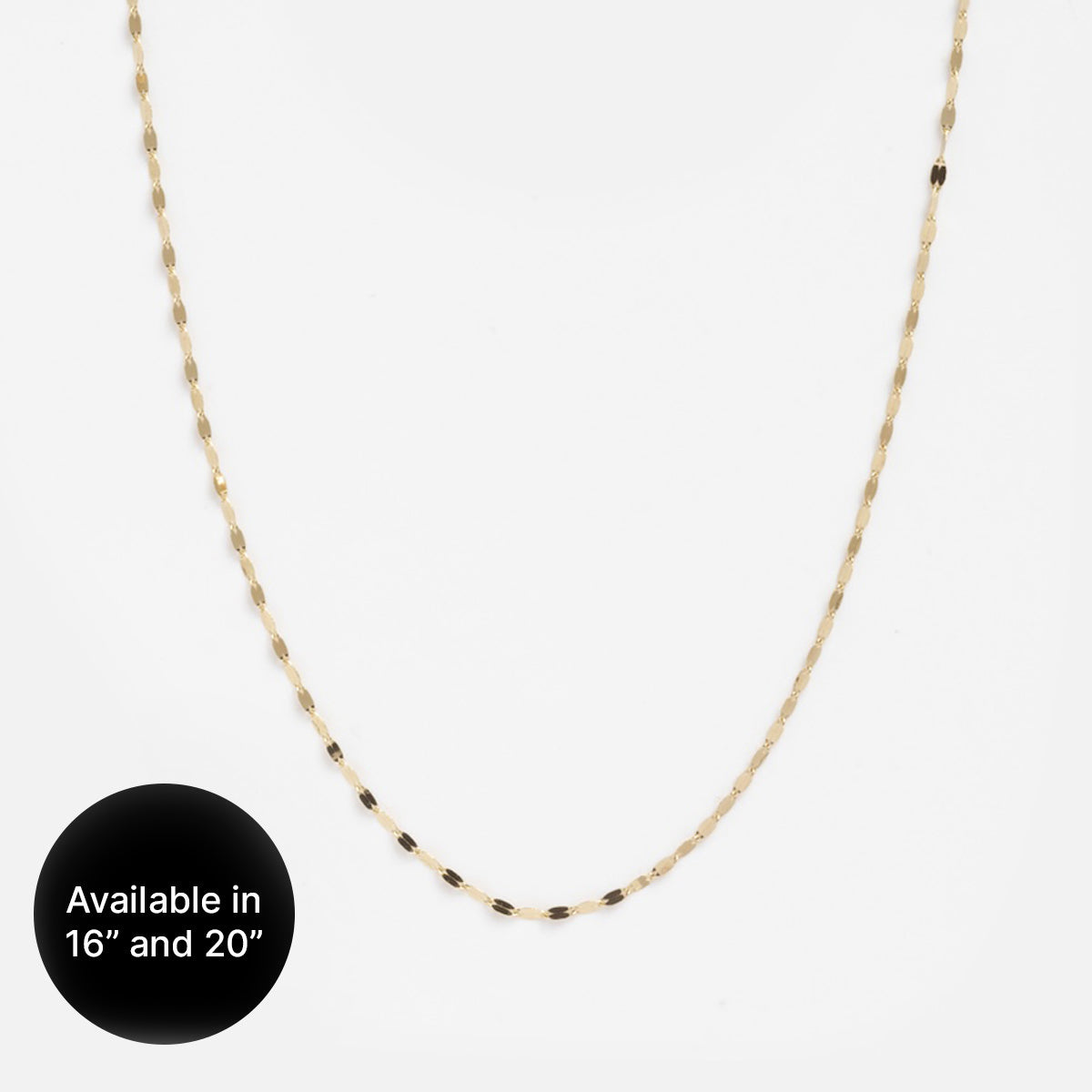 The Solid Gold Chain for Charms is shown on a plain white background. A black circle in the lower left states: Available in 16" and 20".