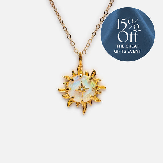 The "You Are My Forever Sun, Moon & Star" Pendant is a gold vermeil necklace with a sun-shaped opalescent pendant and a star—ideal for celestial jewelry fans. A blue circle reads “15% Off THE GREAT GIFTS EVENT.”.