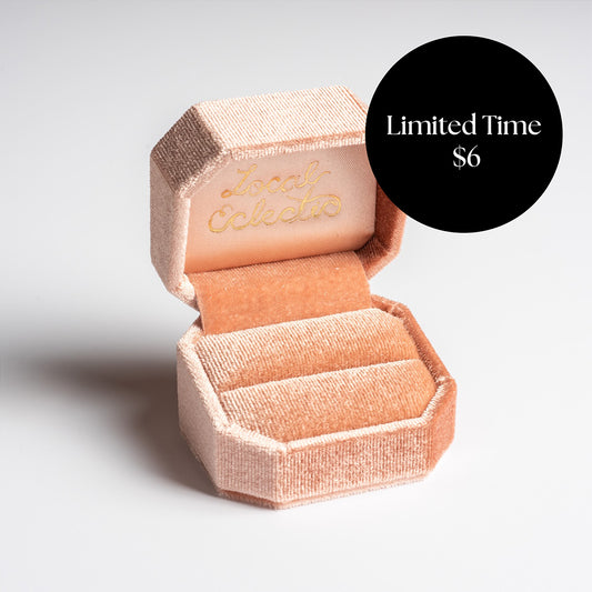A pink velvet Gift Packaging ring box, ideal for gifting, features "Local Eclectic" in gold inside. Shown open and empty with a black circle overlay that says: Limited Time $6.