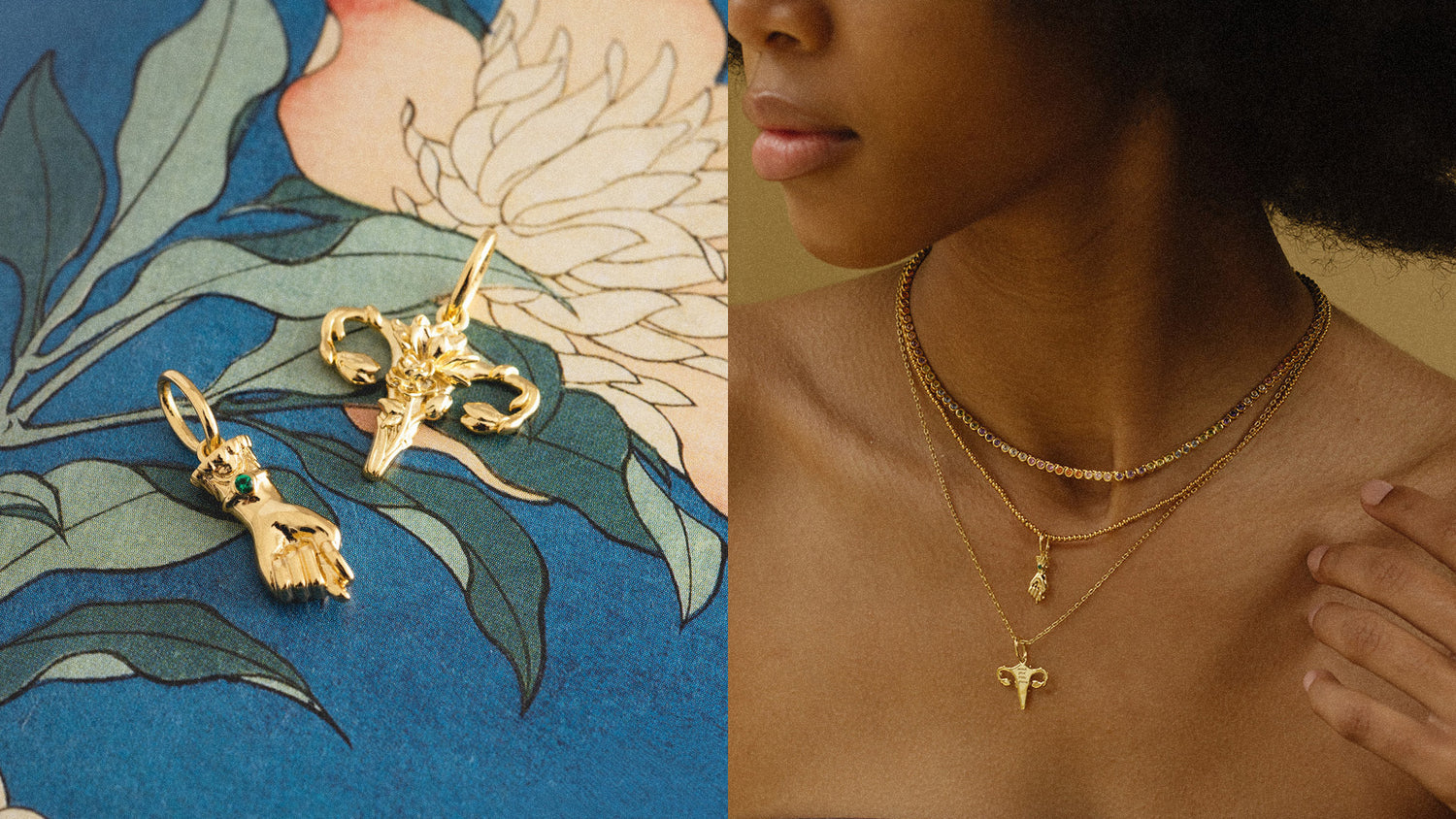 Gold necklaces with charms on a floral background and on a person's neck.