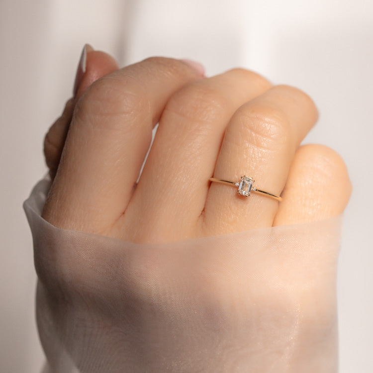 14k Emerald Cut Delicate Diamond Engagement Ring solid yellow gold dainty minimal fine jewelry carried jewels