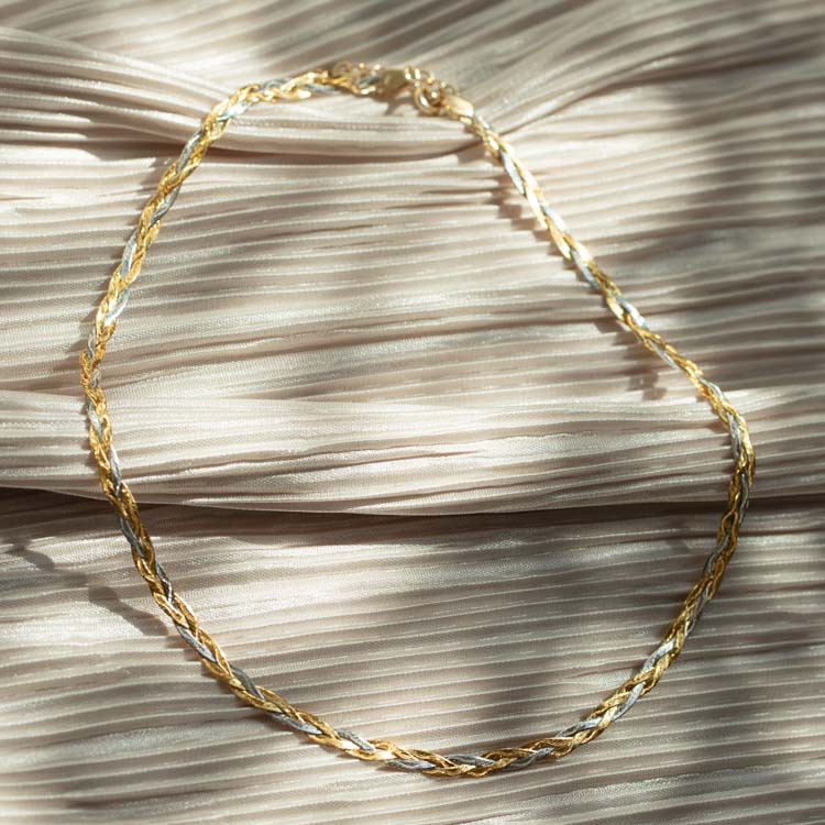 Solid Gold Mixed Metal Braided Necklace yellow and white gold statement modern jewelry family gold