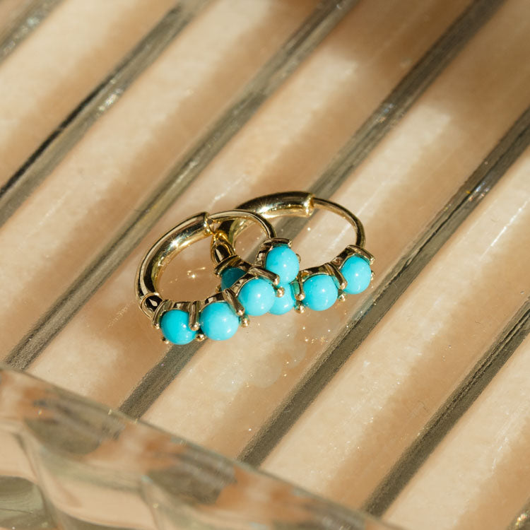 Solid Gold Turquoise Huggie Hoops yellow gold modern jewelry family gold