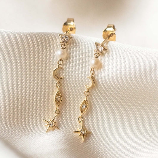 Solid Gold Connected Universe Pearl Drop Earrings