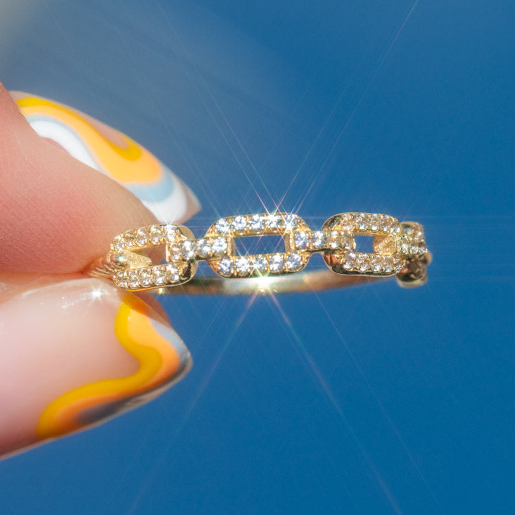 Solid Gold White Sapphire Chunky Chain Link Ring solid yellow gold fine jewelry family gold