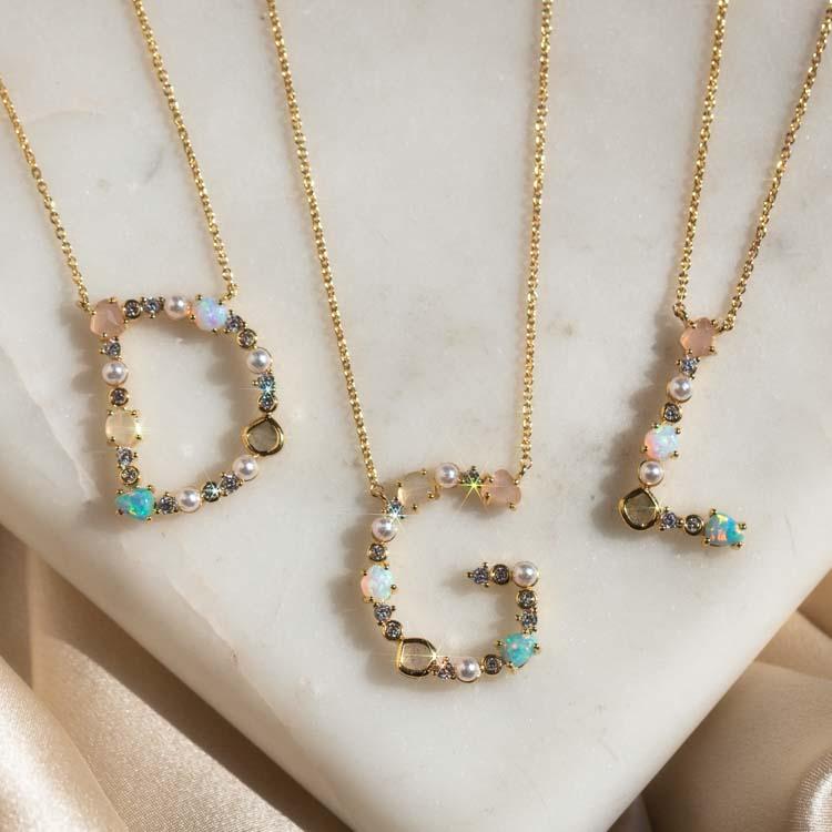 Opal Monogram Gold Pendant Necklace