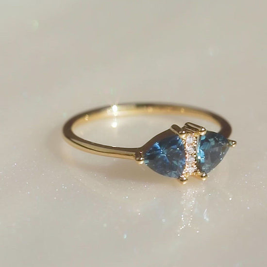 Vintage Style Engagement Ring with Teal Sapphire Trillions yellow gold modern fine jewelry artemer