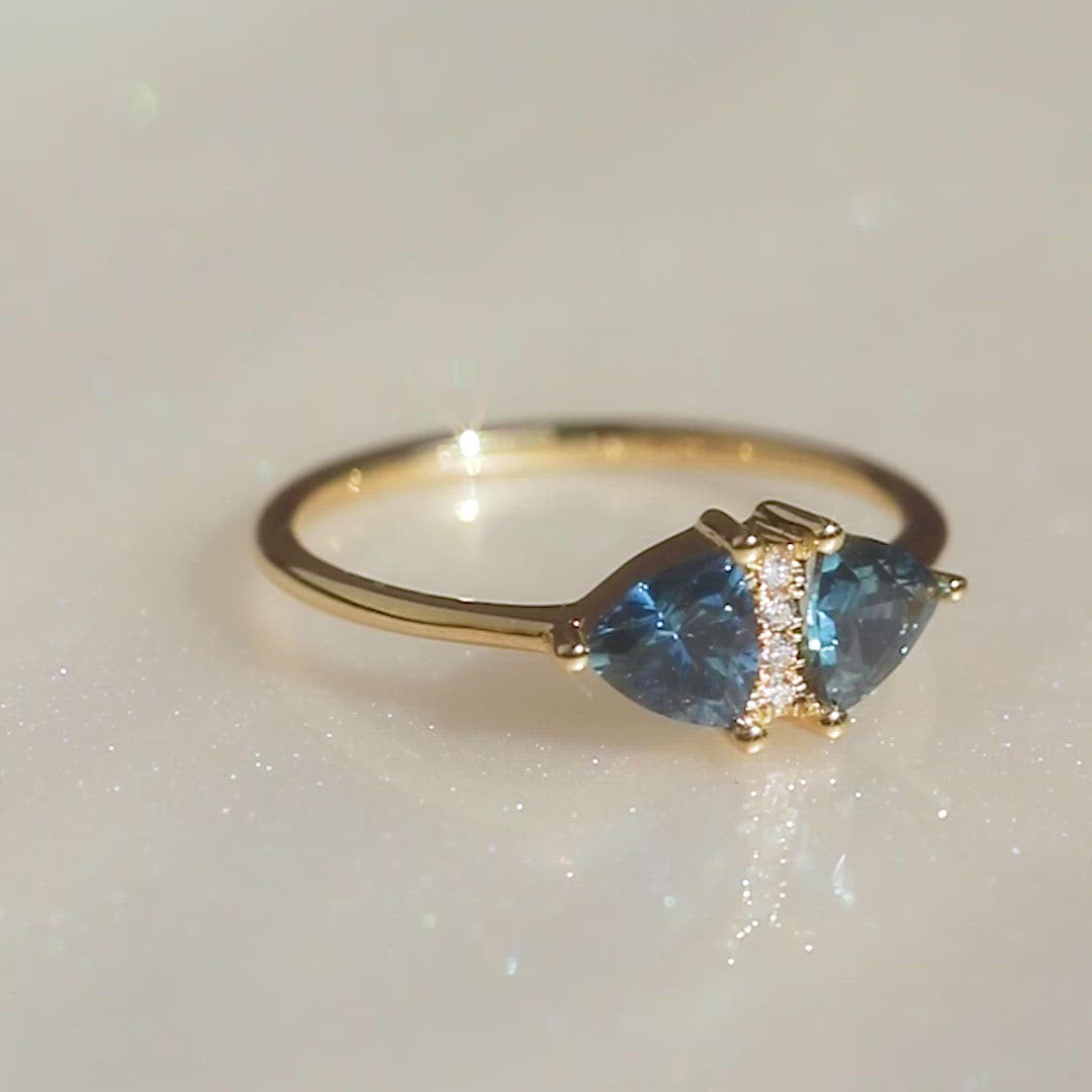 Vintage Style Engagement Ring with Teal Sapphire Trillions yellow gold modern fine jewelry artemer
