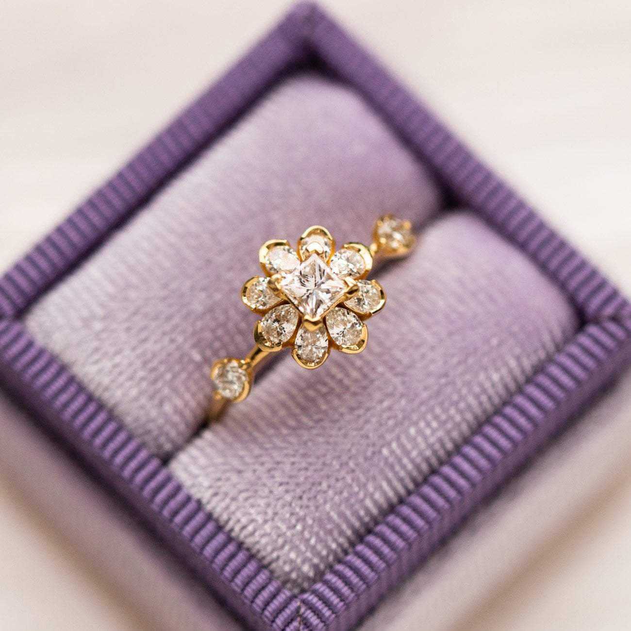Local Eclectic Gold Diamond Flower Engagement Ring in Box
