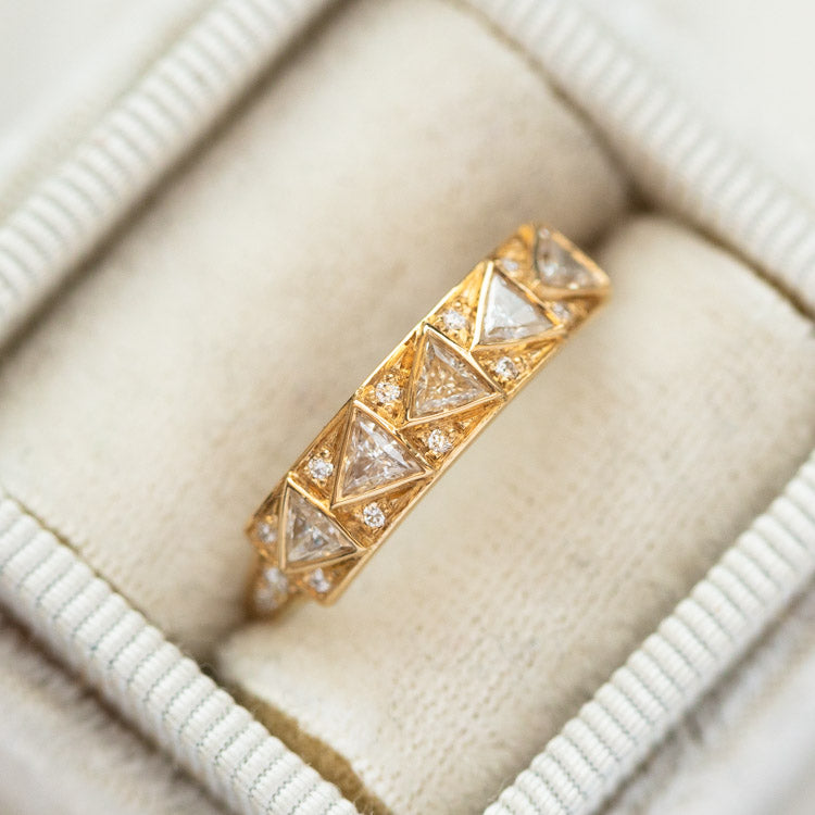 Geometric Bar Ring with Triangle Cut Diamonds unique solid yellow gold fine jewelry artemer