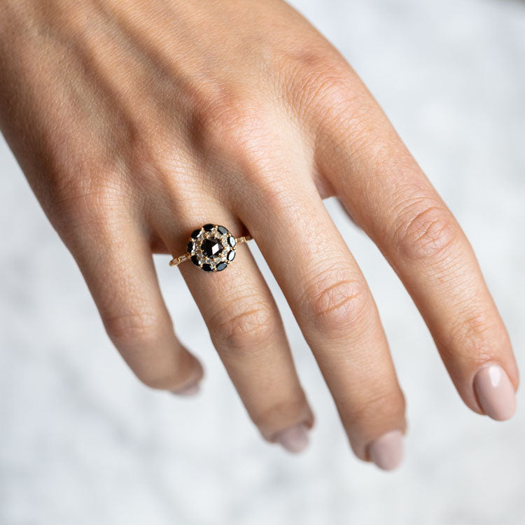 Black Diamond Mandala Engagement Ring unique statement modern yellow gold jewelry artemer