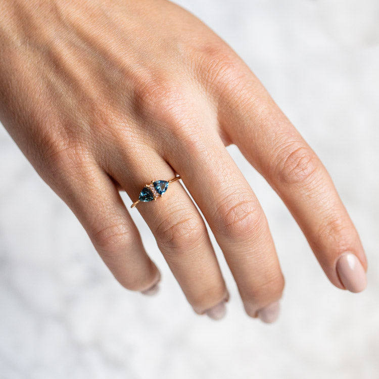 Vintage Style Engagement Ring with Teal Sapphire Trillions yellow gold modern fine jewelry artemer