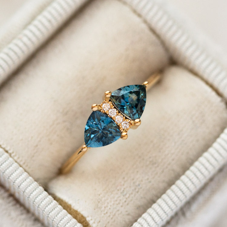 Vintage Style Engagement Ring with Teal Sapphire Trillions – local