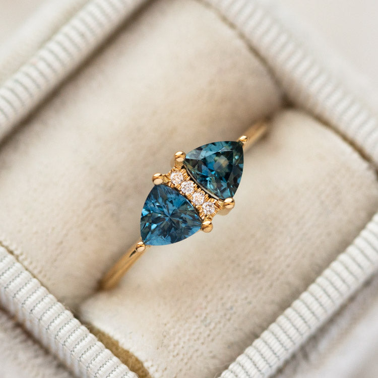 Vintage Style Engagement Ring with Teal Sapphire Trillions yellow gold modern fine jewelry artemer