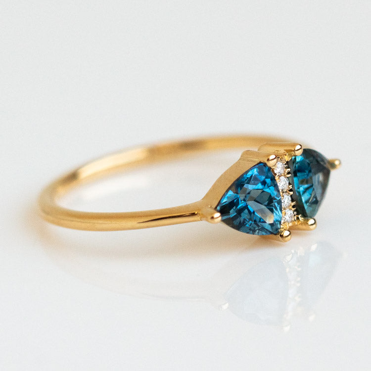 Vintage Style Engagement Ring with Teal Sapphire Trillions yellow gold modern fine jewelry artemer
