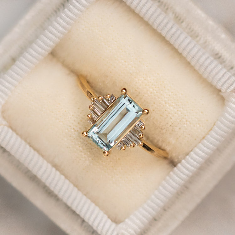 Baguette Cut Aquamarine and Diamond Ring