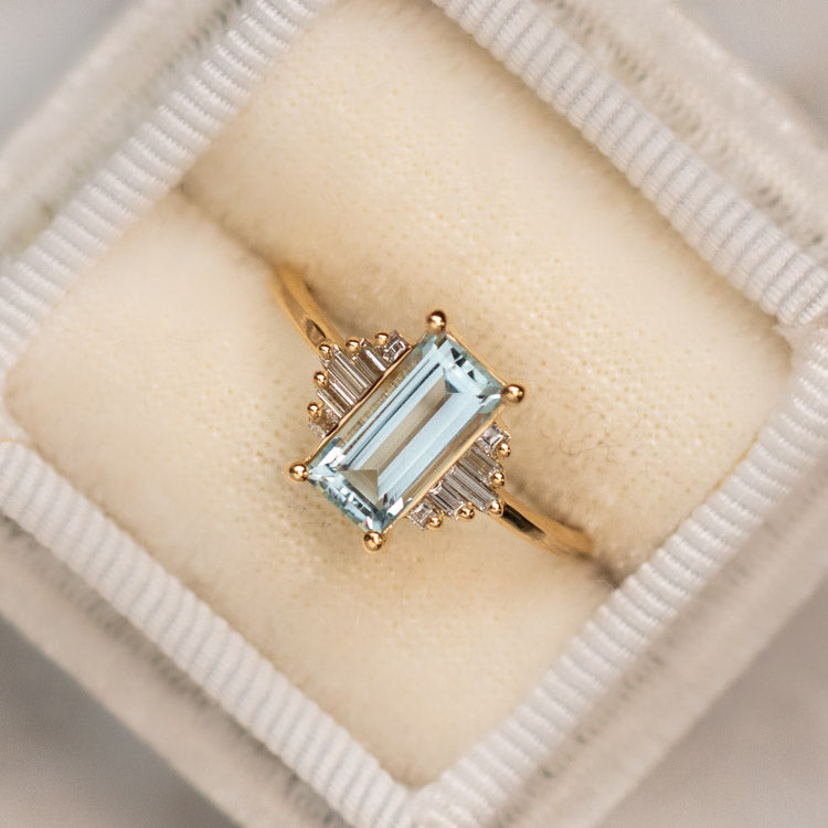 Baguette Cut Aquamarine and Diamond Ring unique modern statement jewelry fine solid artemer