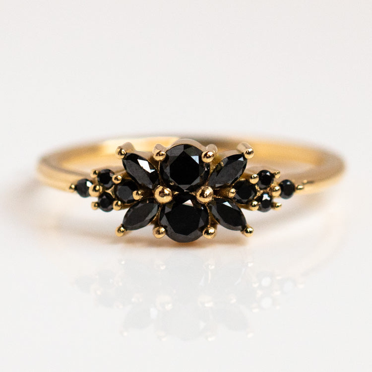 Black Diamond Flora Engagement Ring yellow gold modern statement moody fine jewelry artemer