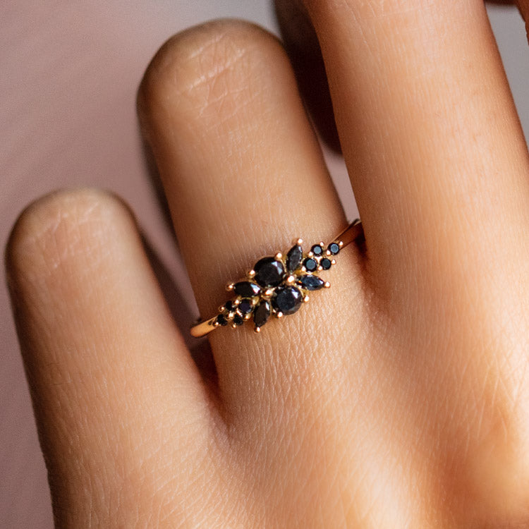 Black Diamond Flora Engagement Ring yellow gold modern statement moody fine jewelry artemer