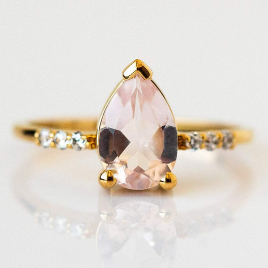 Natural Pink Quartz Cubic Zirconia 14K Yellow Gold Plated Ring 
