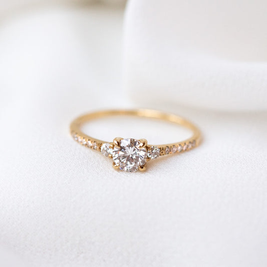 14k Round Cut Diamond Trio Engagement Ring with Pave Diamond Band solid yellow gold modern fine jewelry carried jewels