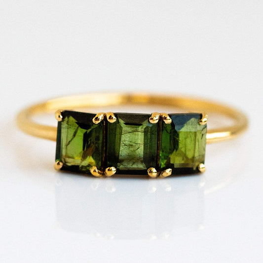 Tourmaline Moss Green Square Cut Gold Vintage Ring