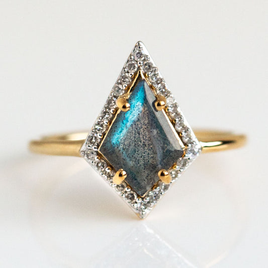 Labradorite & Diamond Kite Ring unique yellow gold modern jewelry carrie elizabeth