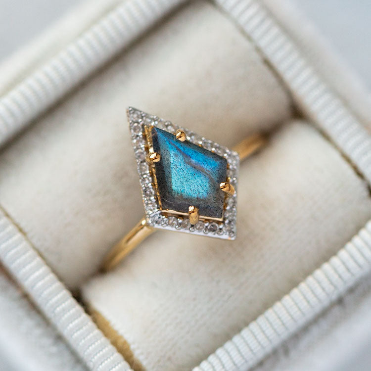 Labradorite & Diamond Kite Ring unique yellow gold modern jewelry carrie elizabeth