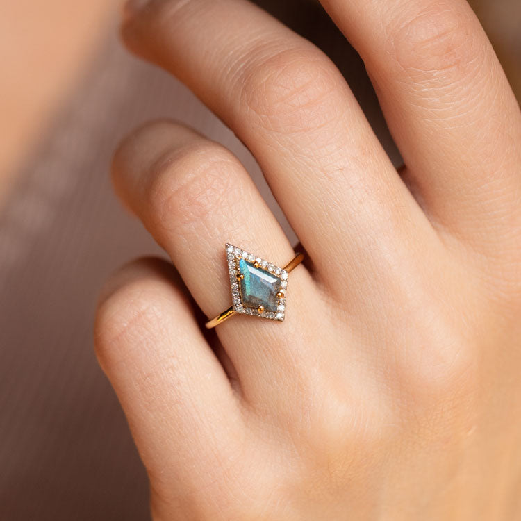 Labradorite & Diamond Kite Ring unique yellow gold modern jewelry carrie elizabeth