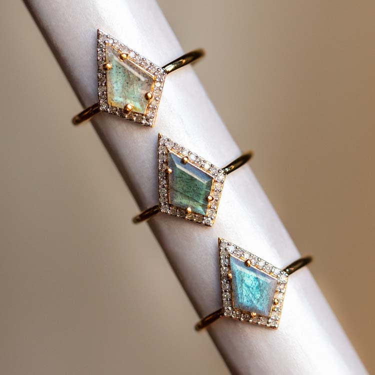 Labradorite & Diamond Kite Ring unique yellow gold modern jewelry carrie elizabeth