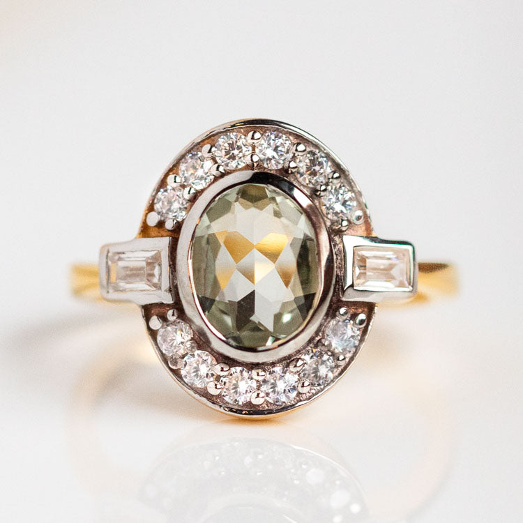 Oval Deco Green Amethyst and CZ Ring